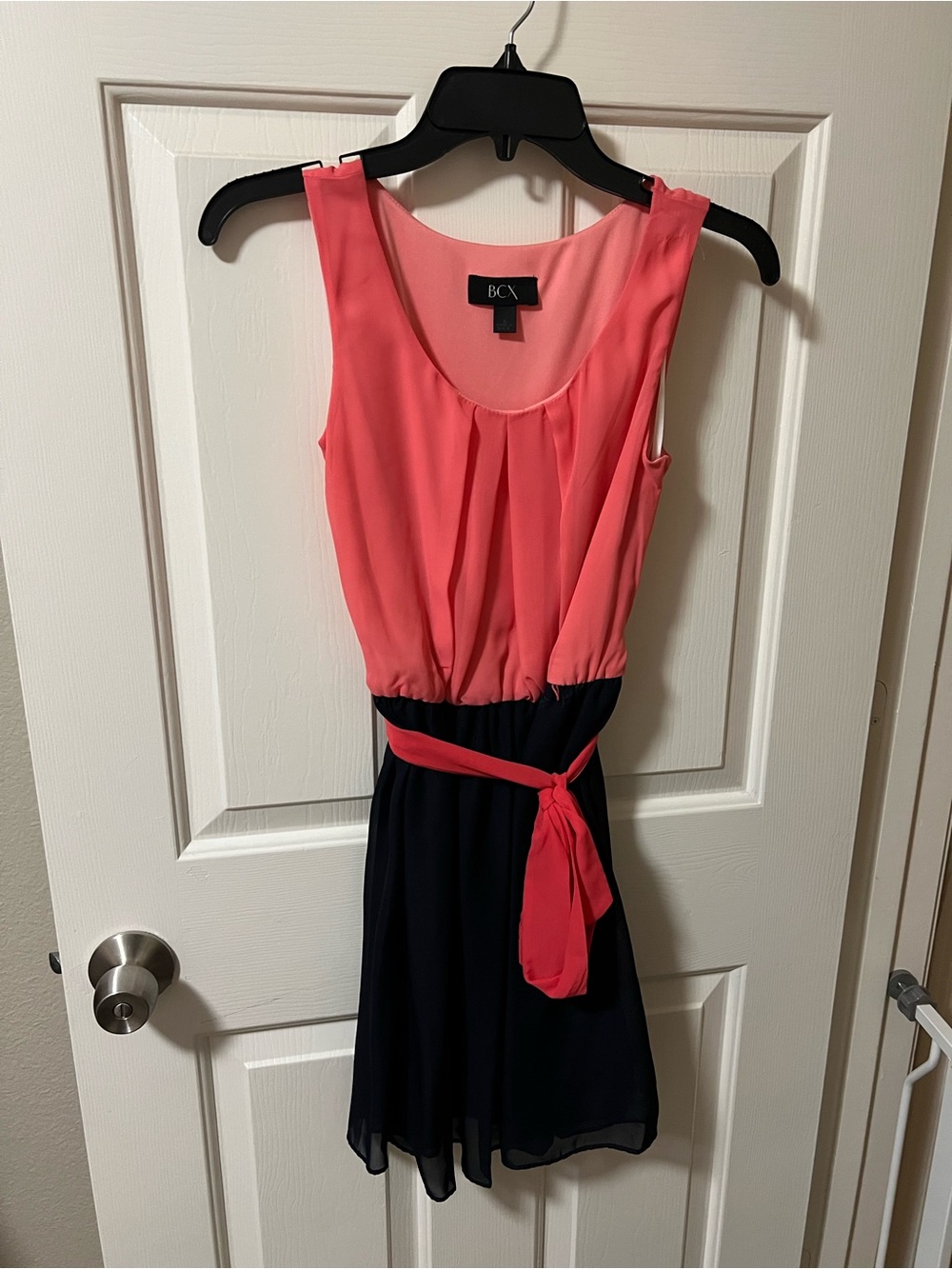 BCX Coral and Navy Sleeveless Tie-Waist Fit-and-Flare Dress